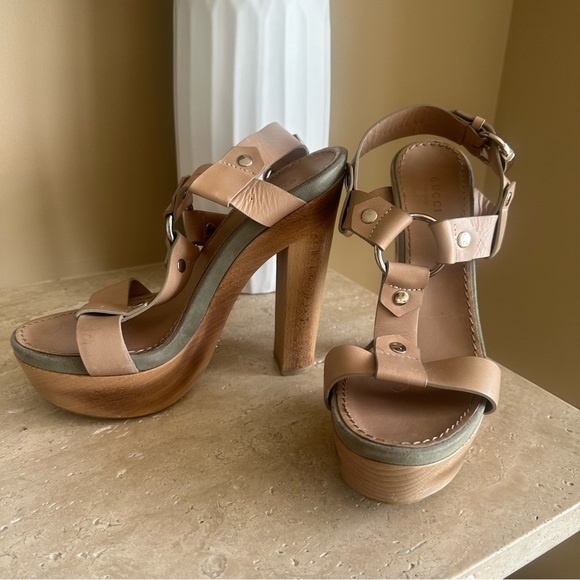 GUCCI Tan Calf Leather Ankle Strap Open Toe Platform Sandals, Size 40 - Picture 7 of 11